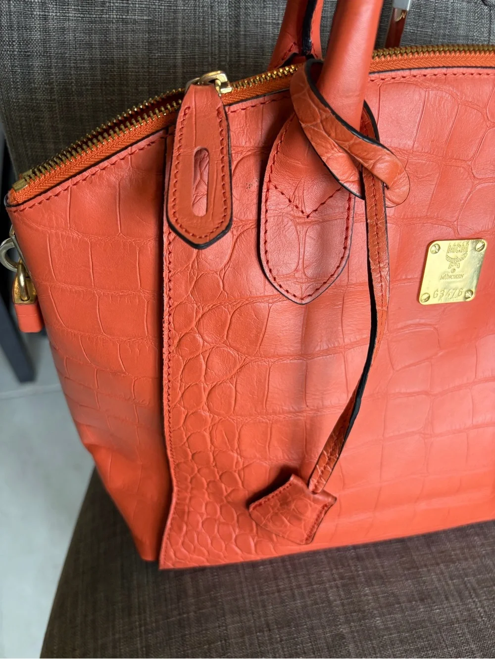 Mcm Orange Croc-Embossed Leather Tote Bag